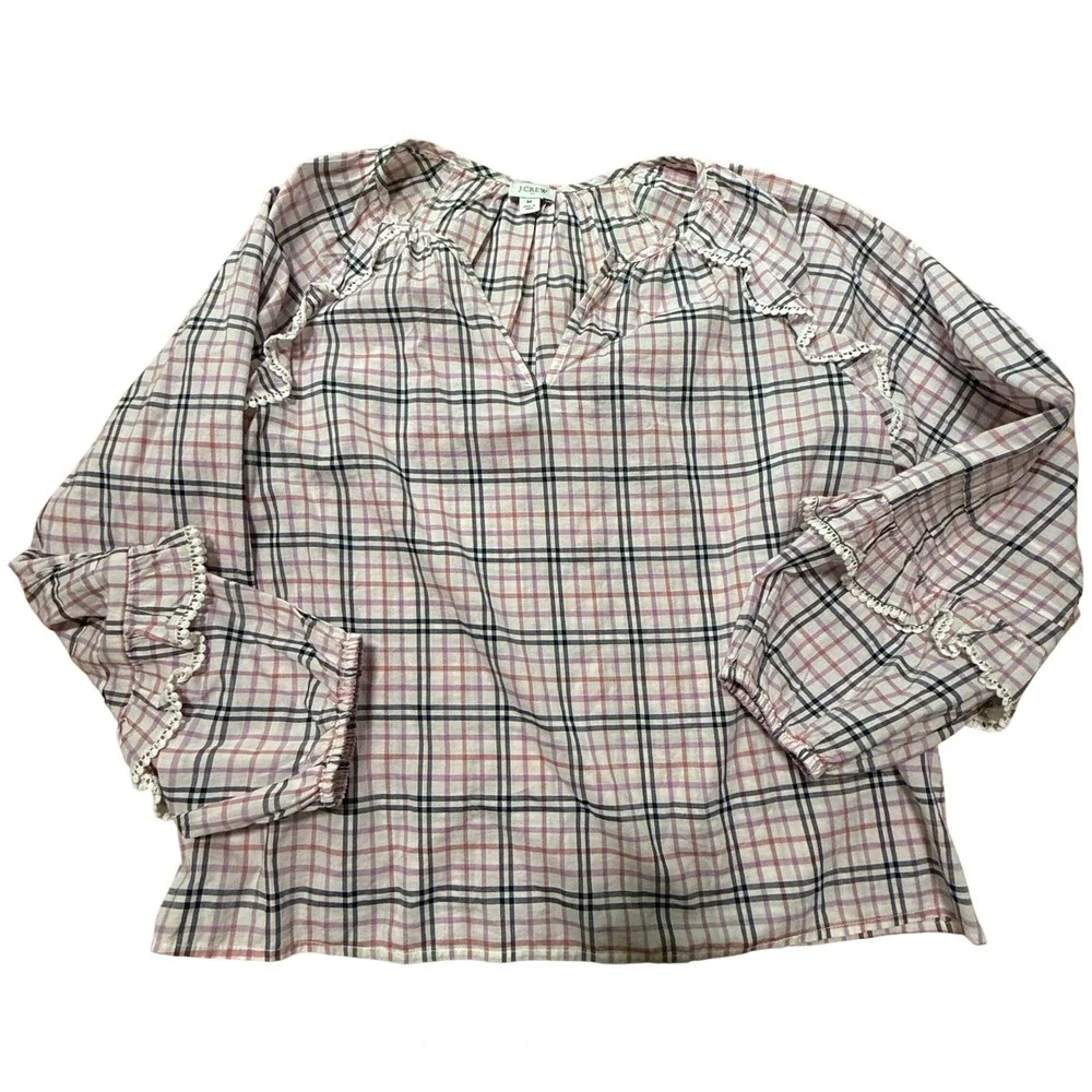 J. Crew Plaid Ruffled Balloon Sleeve Top Womens‎ Medium Pink Purple Crochet Trim
